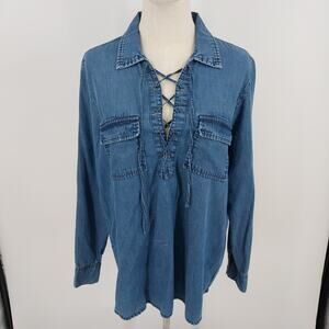 Earl Jean Blue Chambray Tunic Blouse Large Lace-Up Grommet Ties Pockets Cotton